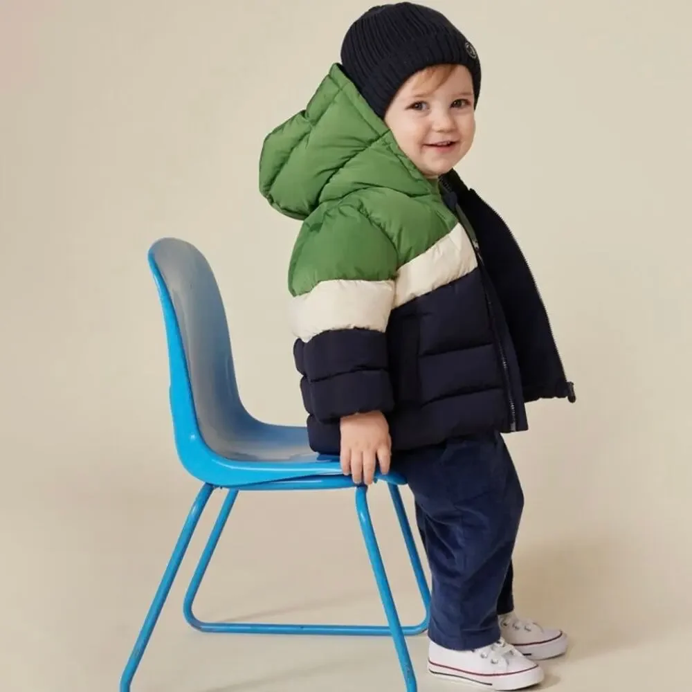 Petit Bateau Boys Puffer Jacket Baby 12M Green Navy Colorblock Hooded Fleece New